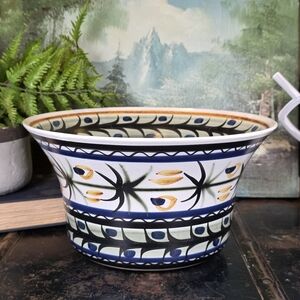 Large Vintage Art Pottery Serving Bowl Hand Painted Tropical Palm Motif 11"